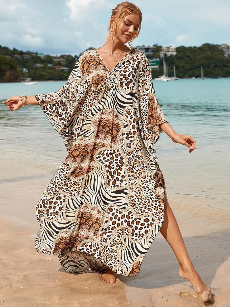 IMAGEKOPE Women's Plus Size Animal Print V-Neck Batwing Kaftan Beach Dress Bathing Suit Cover-Up Loungewear - Image 3